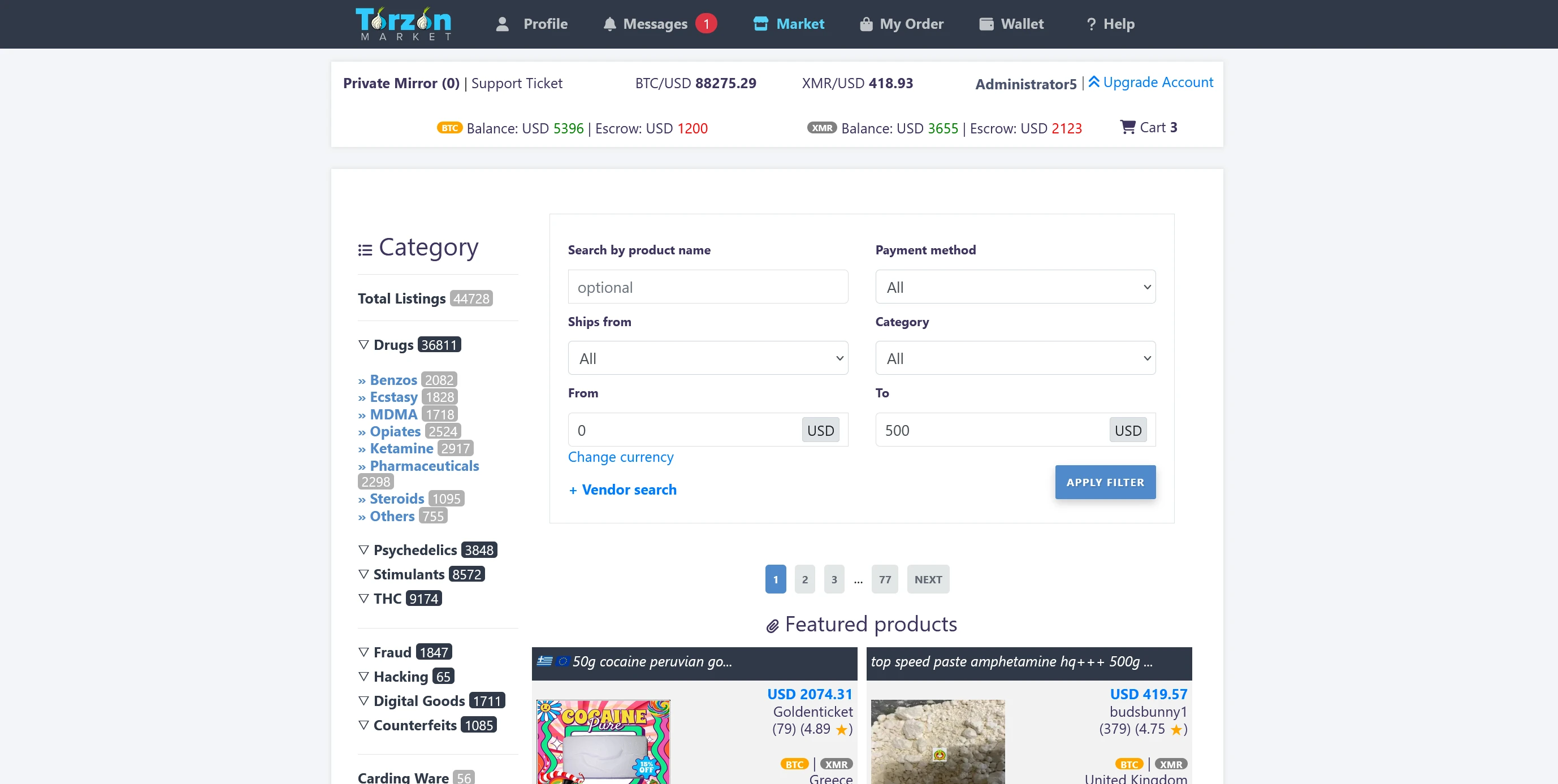 TorZon Market browsing interface with product grid, vendor ratings, and category filters
